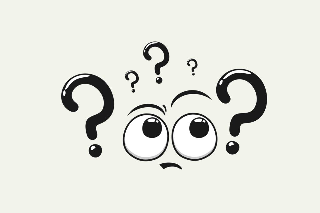 Einfache Illustration eines von Fragen bedrückten Smileys.