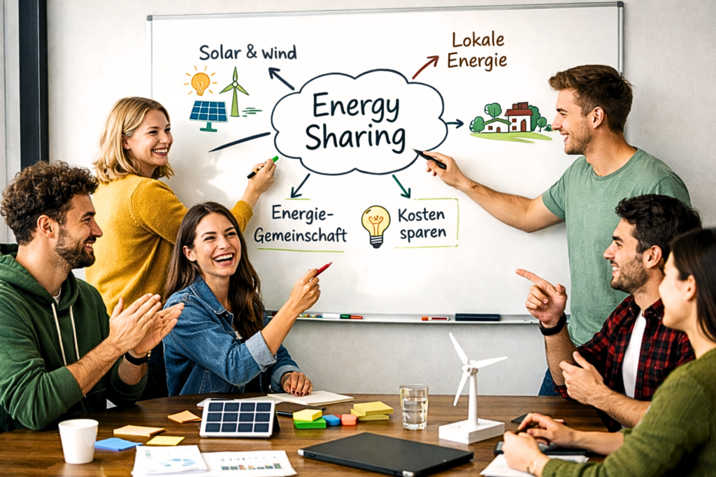 Gruppe junger, glücklicher Erwachsener beim Brainstormen zum Thema Energy Sharing.