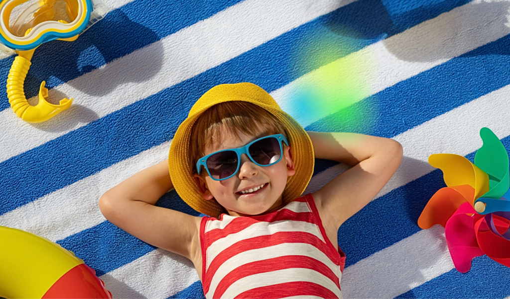 Glückliches Kind liegt auf Badetuch und genießt Sommer und Sonne.