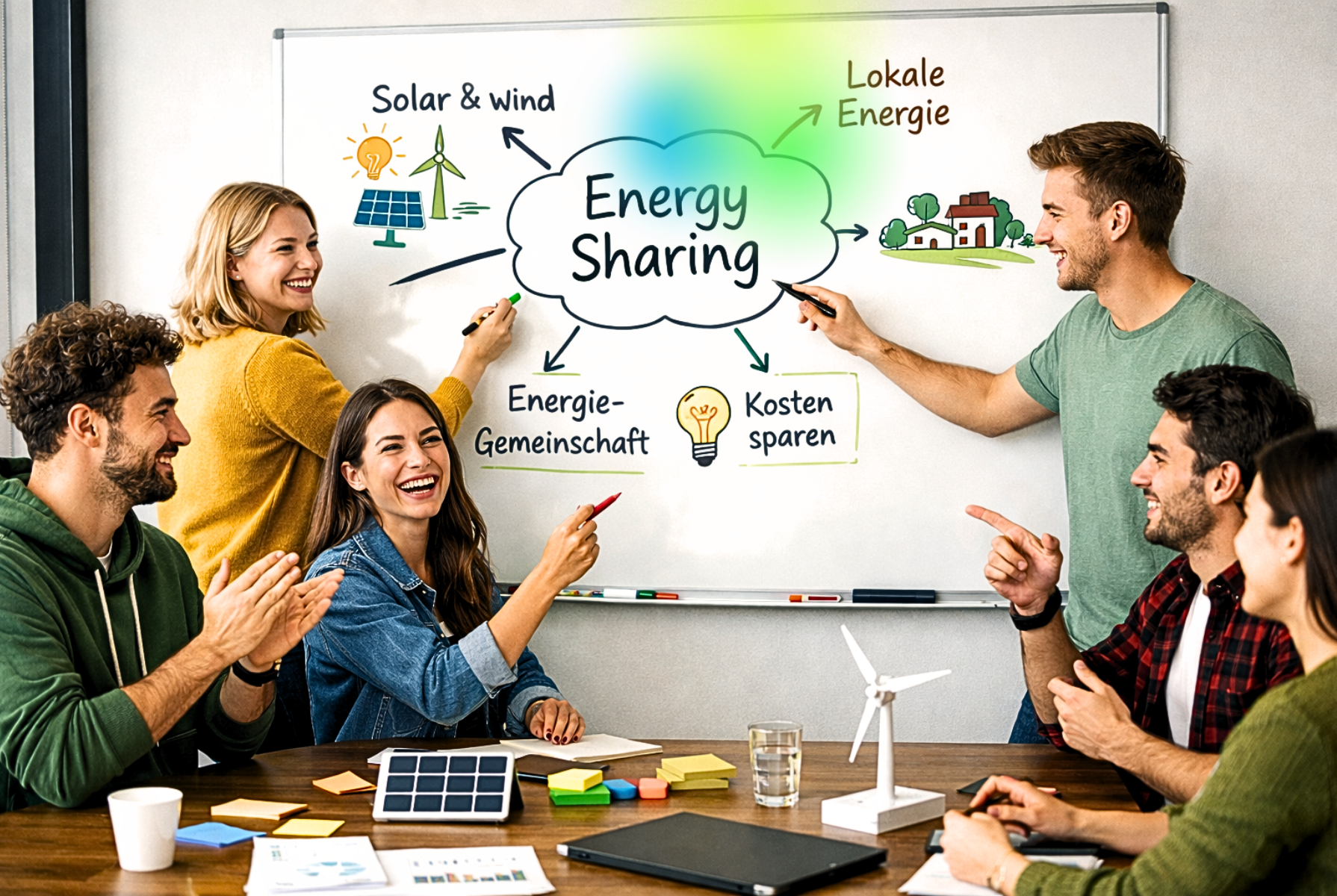 Gruppe junger, glücklicher Erwachsener in einem Unternehmen beim Brainstormen zum Thema Energy Sharing.