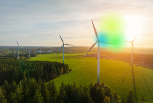Landschaft mit Windkraftanlagen zur Abendsonne.