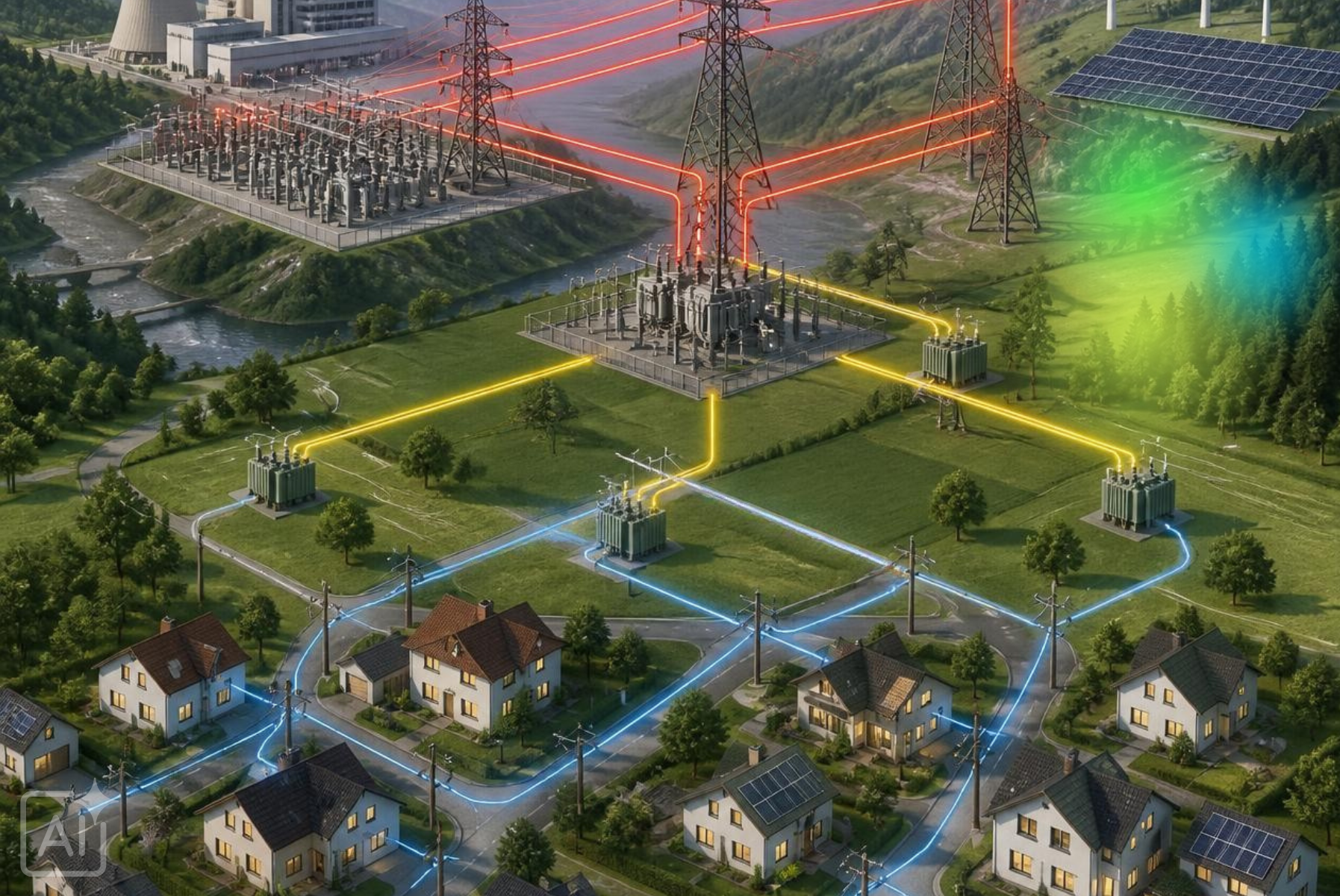 KI Darstellung der Netzebenen Österreichs mit sichtbaren Stromflüssen zwischen den entsprechenden Gebäuden und Infrastruktur.
